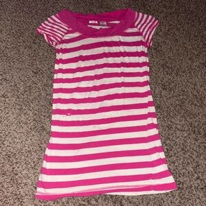 Y2K pink and white striped baby tee with a small hole from wear